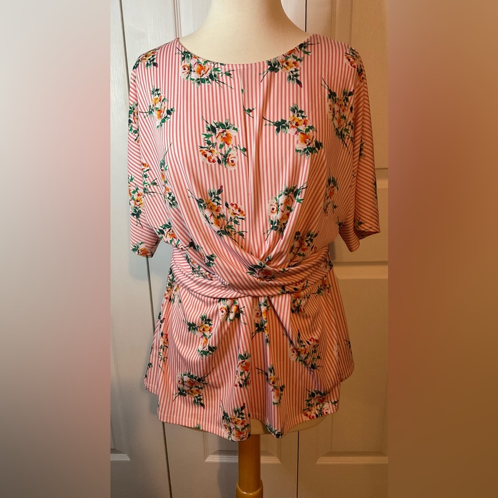 Kayla’s Armoire Striped‎ Floral Top Blouse Large